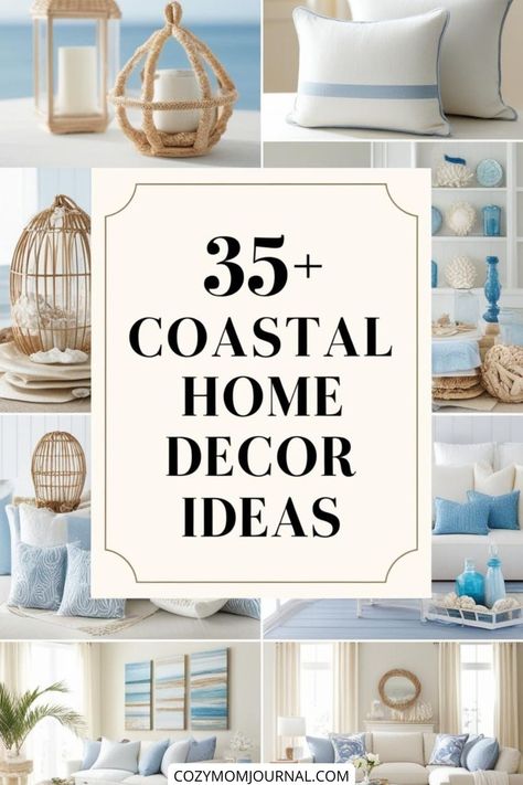 Coastal home decor collage with pillows, lanterns, and seashells. Home Beach Decor Ideas, Coastal Farmhouse Living Room Wall Decor, Nautical Mantle Decor, Subtle Beach Decor, Coastal Room Decor Ideas, Beach Theme Decorating Ideas, Alcove Decorating Ideas, Beach Condo Decorating Ideas, Coastal Centerpiece Ideas