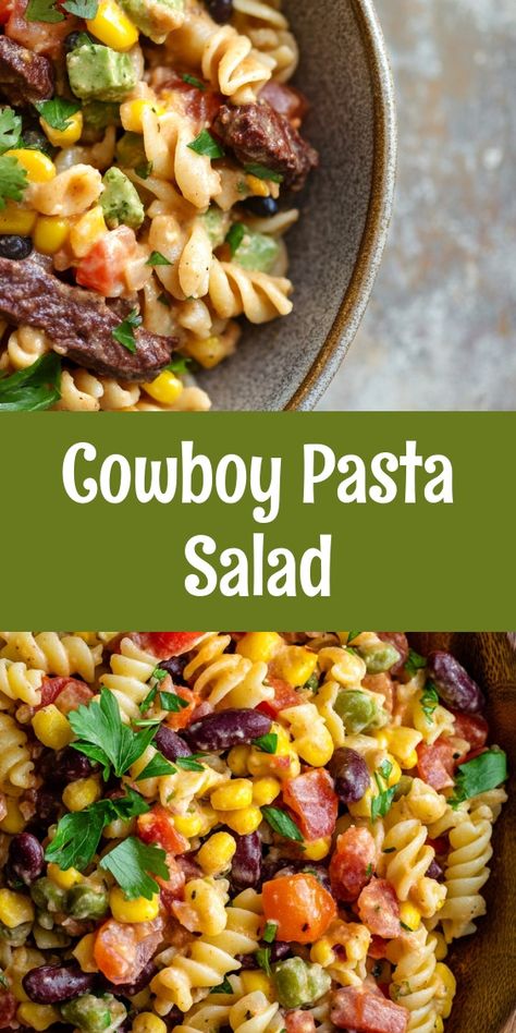 Preparing Cowboy Pasta Salad on a sunny Saturday brought family together. The laughter of my kids while I mixed flavors reminded me of our cherished moments. Sharing this dish with my partner felt like pure joy, a perfect weekend feast! Cowboy Pasta Salad Recipe, Cowboy Caviar Pasta Salad, Cowboy Pasta Salad, Cowboy Pasta, Cowboy Salad, Bbq Chicken Pasta, Mexican Street Corn Salad, Light Salad, Pasta Salad Recipe