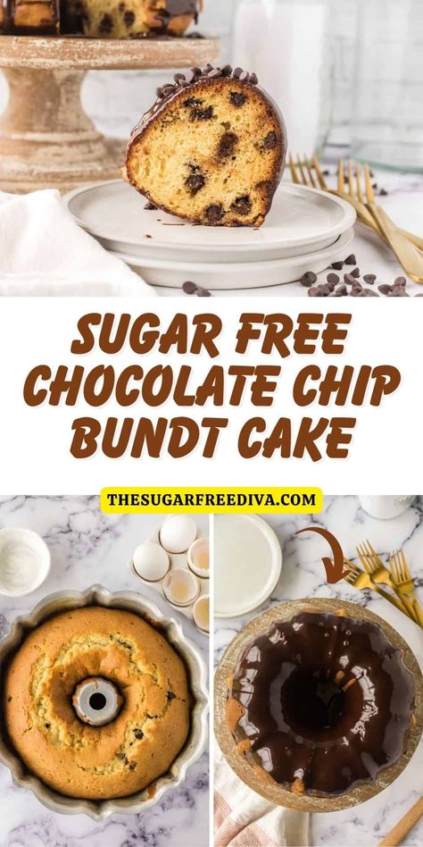 Sugar Free Chocolate Chip Bundt Cake Chocolate Chip Bundt Cake Recipe, Chocolate Chip Bundt, Sugar Free Desserts Easy, Chocolate Chip Bundt Cake, Sugar Free Baking, Sugar Free Cake, Sugar Free Cookies, Sugar Free Chocolate Chips, Low Sugar Diet