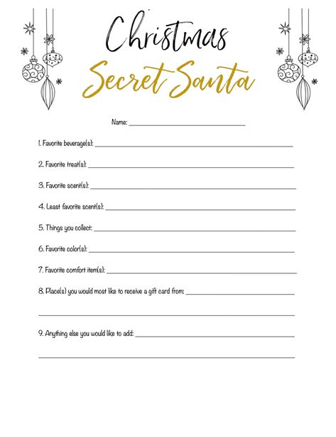 Secret Santa Questionnaire Printable Simple, Work Secret Santa Questions, Employee Encouragement, Church Visitor Gifts, Christmas Puzzles Printables, Secret Santa Questions, Secret Santa Templates, Secret Santa Form, Santa Questionnaire