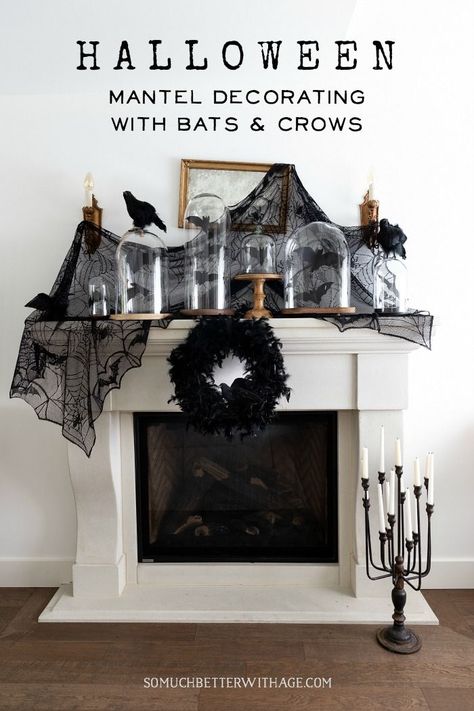 Spooky Halloween decorating and mantle with Bats and Crows for a kid-friendly fun Halloween. #Halloweendecor #Halloweenideas Spooky Living Room, Spooky Diy Halloween Decor, Halloween Mantel Decor, Mantle Ideas, Mantel Decorating, Halloween Mantle, Halloween Mantel, Spooky Halloween Decorations, Holiday Halloween