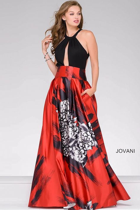 The ponte knit bodice and satin printed skirt prove to be a winning combination #JOVANI #36562 Exotic Dramatic, Prom Ballgown, Floral Evening Gown, Red Prom Dress Long, Prom Dresses Gowns, Jovani Dresses, Printed Skirt, Rhinestone Dress, Prom Outfits