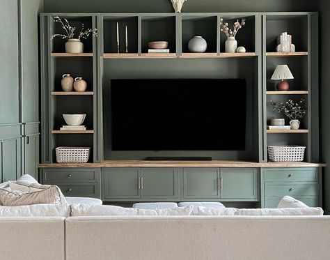 Dark Green Living Room, Green Lounge, Media Consoles, Living Room Tv Unit, Apartment Makeover, Top Tv, Cool Tv Stands, Dream Furniture, Green Furniture