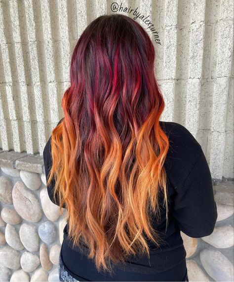 Sunset state of mind ☀️ Red yellow balayage ombre hair sunset hair #sunsetbalayage #sunsethair #redtoyellowbalayage Amber Ombre Hair, Desert Sunset Hair, Sunset Balayage Hair, Sunset Ombre Hair, Brown And Orange Hair, Fire Ombre Hair, Yellow Balayage, Autumn Hair Colors, Burgundy Balayage