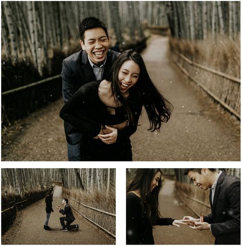 Proposal In Japan, Japan Proposal, Forest Proposal, Bamboo Forest Japan, Arashiyama Bamboo Forest, Photoshoot Outdoor, Pre Wedding Photoshoot Outdoor, Proposal Photos, Falling Snow