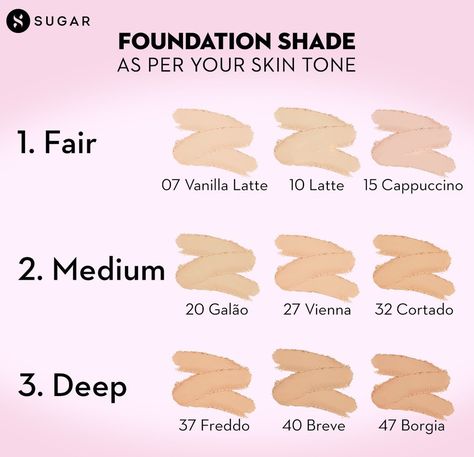 SUGAR Cosmetics on Instagram: “Pick the right shade! 💯⁠ .⁠ .⁠ #TrySUGAR #SUGARCosmetics #LearnWithSUGAR #Cosmetics #Beauty #Makeup #MakeupGoals #FullFaceMakeup…” Makeup Cheat Sheets, Sugar Cosmetics, Foundation Shade, Vanilla Latte, Foundation Shades, Skin Glow, Full Face Makeup, Makeup Forever, Makeup Goals