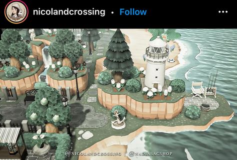 Peninsula Animal Crossing Ideas, Peninsula Ideas Acnh, Acnh Peninsula Ideas Lighthouse, Peninsula Ideas Animal Crossing, Peninsula Animal Crossing, Peninsula Acnh Ideas, Elegantcore Animal Crossing, Animal Crossing Peninsula, Animal Crossing Peninsula Ideas