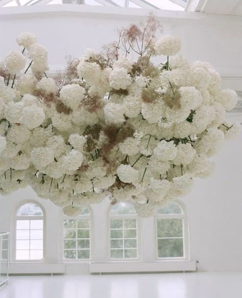 Flower Cloud / Floating florals hanging from the ceiling on The Lane Flowers Hanging, Flower Installation, Floating Flowers, The Lane, Ceiling Installation, Hanging Flowers, The Ceiling, Arte Floral, White Flower