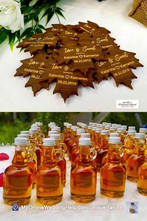 Maple syrup favors with wooden leaf tags are a non-traditional twist on a fall icon. Your wedding guests will love this idea. Look for more information and buy links in the Edible Favors section of the non-traditional wedding favors post on MyOnlineWeddingHelp.com #WeddingFavors #FallWedding #WeddingIdeas #EdibleFavors Traditional Wedding Favours, Popcorn Wedding Favors, Popcorn Wedding, Wooden Leaf, Edible Favors, Wedding Favor Ideas, Non Traditional Wedding, Edible Wedding Favors, Wedding Help