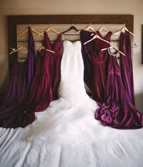 Bridesmaid Dresses Mix Match, Wedding Colors Burgundy, Wedding Ideas Burgundy, Trendy Wedding Colors, Plum Bridesmaid, Plum Bridesmaid Dresses, Wedding Bridesmaids Dresses Blue, Jewel Tone Wedding, Burgundy Bridesmaid