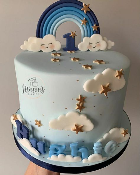 Cake For First Birthday Boy, Cake Design For 1st Birthday Boy, 1st Birthday Boy Cake Ideas, First Birthday Boy Cake Ideas, Christening Cakes For Boys, Cake One Year Boy, Blue Rainbow Cake, First Birthday Cakes For Boys, Baby Boy First Birthday Cake Ideas