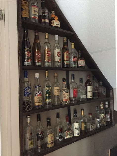 Liquor shelving Liquor Closet Under Stairs, Under Stairs Alcohol Storage, Under Stairs Bourbon Storage, Bourbon Storage Ideas, Alcohol Organization Ideas, Bourbon Shelf Ideas, Liquor Shelf Ideas Display, Liquor Display Ideas, Bar Shelves Ideas Liquor