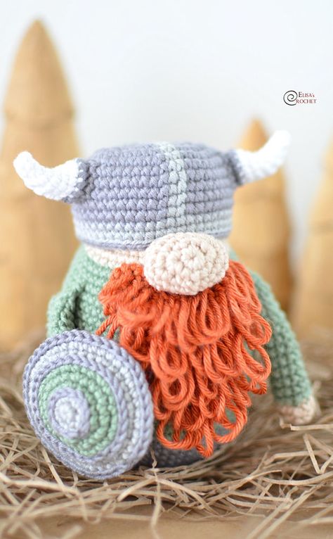 Viking Gnome Free Crochet Pattern By Elisa's Crochet Crochet Hats For Amigurumi, Crochet Viking Gnome, Crochet Holiday Gnomes Free Pattern, Crochet Along 2023, Crochet Spring Gnomes Free Pattern, Viking Crochet Pattern, Free Gnome Crochet Pattern, Free Crochet Gnome Pattern, Amigurumi Gnomes Free Pattern