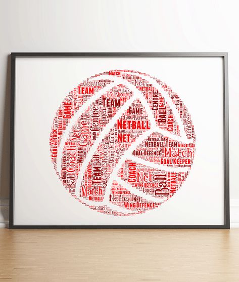 Personalised Netball Word Art - Netball Player GiftABC Prints  Create your own netball shaped word art print.    You get to choose all the words for your print.  We highly recommend adding places, dates, names or venues which are meaningful to the person receiving the gift to make it extra special.  Makes a lovely personalised gift for a netball player or as a great art display for a netball club.    How to personalise your print:      1. Select the size of your print.  2. Choose the frame you w Netball Wallpaper, Netball Net, Netball Quotes, Netball Coach, Art Clouds, Genius Hour, Digital Inspiration, Team Coaching, Sports Party