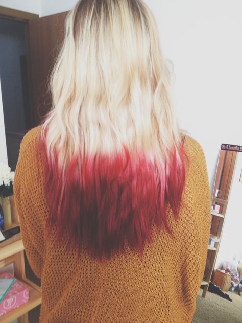 blonde and maroon dip dye hair. I just did this with koolaid!!!! So pretty! Red Dip Dye Hair Blonde, Blonde Hair With Colored Ends, Dip Dye Hair Brunette, Dye Hair Blonde, Red Dip Dye Hair, Blonde Dip Dye, Kool Aid Hair Dye, Red Dip Dye, Kool Aid Hair