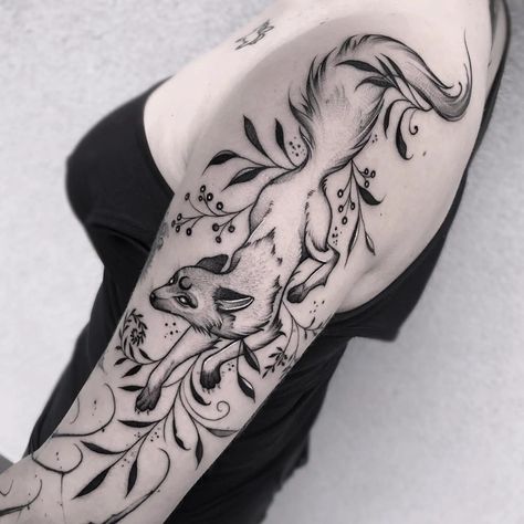 Gothic Fox Tattoo, Jumping Fox Tattoo, Fox Arm Tattoo, Black Fox Tattoo, White Fox Tattoo, Kitsune Tattoo, Fox Tattoo Design, Clover Tattoos, Fantasy Tattoos