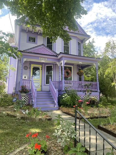 Lilac House Exterior, Purple House Aesthetic, Purple Houses, Bloxburg House Decals, Houses With Character, Whimsy Witch, House Exterior And Interior, Living Room Purple, Colour Meaning