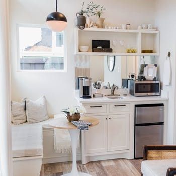 Tiny House Tour: A Custom 264-Square-Foot Guest Cottage | Apartment Therapy Studio Kitchenette, Small Apartment Plans, Small Kitchenette, Small Apartment Interior, Minimalist Kitchen Design, Tiny House Kitchen, Casa Container, Small Space Living Room, Small Apartment Decorating