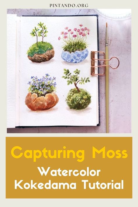 In this tutorial, we'll delve into the serene realm of Moss Plants, also known as Kokedama, as we guide you through the mesmerizing process of bringing these lush botanical wonders to life with watercolors. Whether you're an experienced artist or just beginning your artistic voyage, this tutorial promises to offer valuable insights, techniques, and step-by-step guidance to help you capture the intricate textures and delicate shades that define these unique mossy creations... Watercolor Moss, Moss Plant, Step By Step Watercolor, Watercolor Tutorial, Watercolor Plants, Sketches Tutorial, Watercolor Painting Techniques, Watercolor Paintings Tutorials, Watercolour Tutorials