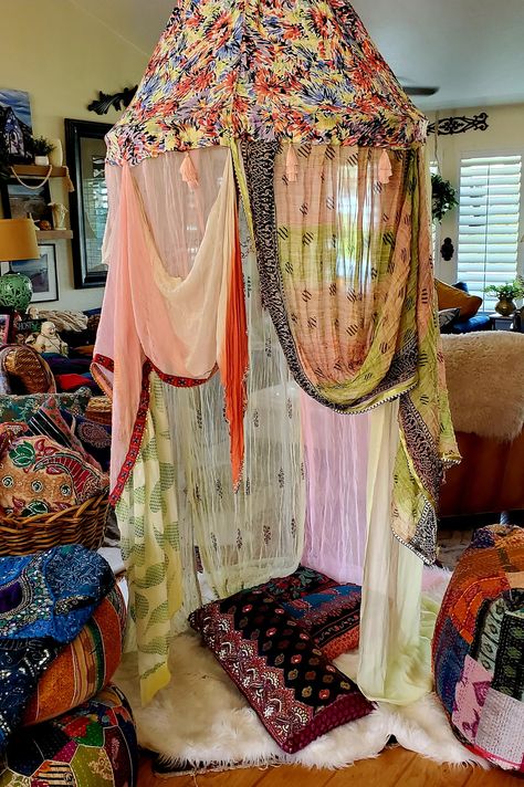 Bedouin Tent Interior, Dorm Canopy, Diy Canopy Tent, Boho Treehouse, Meditation Tent, Boho Bed Canopy, Whimsical Room Decor, Whimsical Room, Boho Bed