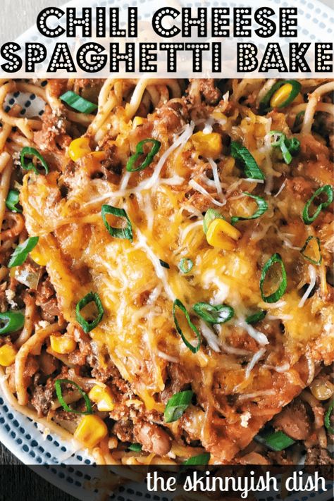 This Chili Cheese Spaghetti Bake is a delicious and easy recipe to add to your menu planner this week!  This tasty casserole is loaded up yummy chili piled onto spaghetti noodles and topped with cheese.  #chilicheese #spaghetti #ww Skinnydish Recipes, Cheese Spaghetti Bake, Crispy Fish Tacos, Ham And Broccoli, Chili Spaghetti, Skinnyish Dish, Spaghetti Bake, Group Recipes, Cheesy Ham