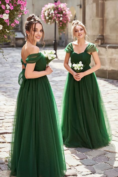 2 Bridesmaids wearing dark green tulle bridesmaids dresses holding white flowers Inexpensive Bridesmaid Dresses, Tulle Bridesmaid Dresses, Emerald Green Bridesmaid Dresses, Empire Waist Bridesmaid Dresses, Bridesmaid Dresses Under 100, Tulle Bridesmaid, Bridesmaid Dresses Long, Beach Wedding Guests, Green Tulle