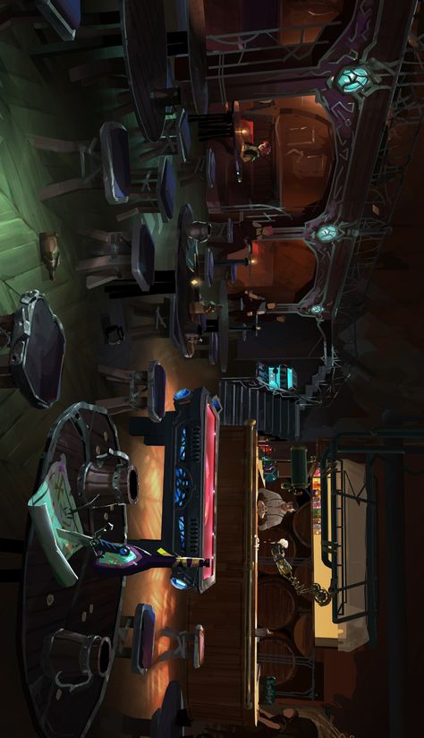 Arcane The Last Drop Bar, The Last Drop Arcane, Arcane Minecraft, Arcane Architecture, Cyberpunk Bar, Steampunk Bar, Comic Tutorial, Sci Fi Environment, The Last Drop