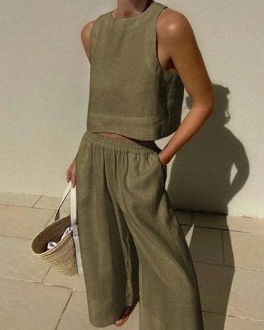 Lasaky - Comfortable Clothing Essentials Sleeveless Tops and Flowy Leggings for Women Earth Tone Outfits Women Summer, Linen Boho Outfit, Cute Linen Outfits, Cotton Sets For Women, Linen Women Outfits, Top Pants Set Outfit, Downsizing Wardrobe, Linen Set Women, Linen Set Outfit