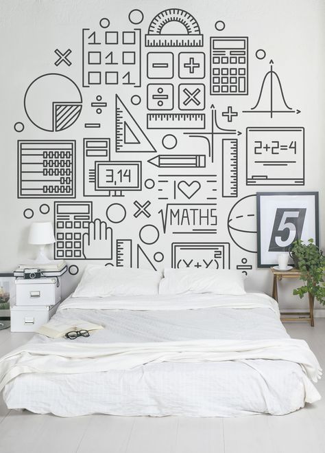 Take a look at these A+ wallpaper murals. Capture the fun of learning and make education playful with these wonderfully imaginative wallpapers. Not only beautiful, but also educational for your children's bedrooms and play spaces! Math Mural, Math Wallpaper, Math Wall, Math Classroom Decorations, Bedroom Murals, Dekorasi Kamar Tidur, Bedroom Space, Kids Wall Decor, Math Concepts