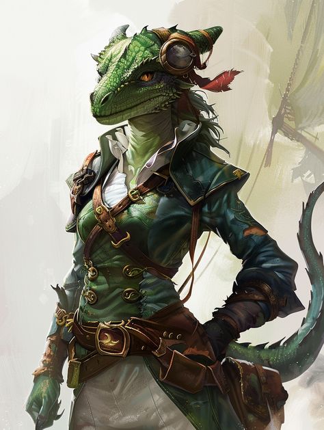 Green Dragon Humanoid Pirate Humanoid Fantasy Races, Pirate Dnd Character, Green Dragonborn Art, Dragonborn Dnd Female, Pirate Character Design, Dnd Pirate, Chameleon Lizardfolk Dnd, Green Dragon Human Form, Dnd Crocodile Lizardfolk