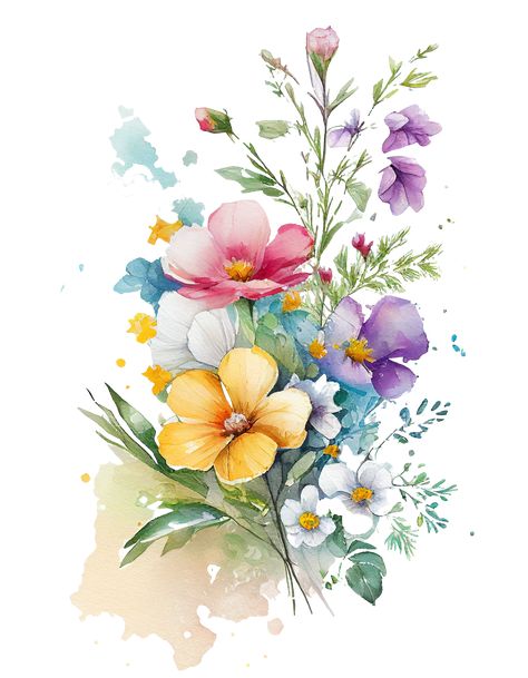 Digital Flowers Png, Watercolours Flowers, Spring Watercolor Painting, Spring Flowers Painting, Wallpaper Edgy, Flowers Transparent, Wildflower Drawing, Watercolor Flower Illustration, Modern Watercolor Art