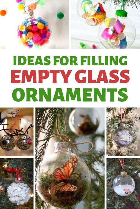 Bauble Filling Ideas, Filling Christmas Ornaments, What To Fill Clear Ornaments With, Fill Your Own Christmas Baubles, Filled Christmas Ornaments Diy, Glass Baubles Ideas Diy Ornaments, Filled Clear Christmas Ornaments, Plastic Bauble Ideas, Fill Your Own Bauble Ideas