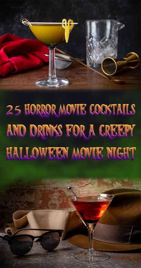 The Geeks have rounded up 25 horror movie cocktails perfect for celebrating Halloween at home with your favorite horror flick! 2geekswhoeat.com #Cocktails #CocktailRecipes #HorrorMovieCocktails #HalloweenIdeas #HalloweenRecipes #Halloween Horror Movie Alcoholic Drinks, Horror Movie Date Night Ideas, Movie Night Drinks Alcohol, Halloween Movie Themed Cocktails, Scary Movie Themed Drinks, Michael Myers Cocktail, Horror Movie Inspired Cocktails, Horror Movie Menu Ideas, Scream Movie Cocktail