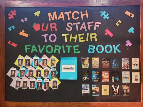 Guess Who Is Reading Bulletin Board, Teacher Book Picks Bulletin Board, School Library Cricut Ideas, What We’re Reading Display, What Teachers Are Reading Bulletin Board, New Books In The Library Display, Middle School Monthly Library Themes, Teachers Favorite Books Display, Take A Look Its In A Book