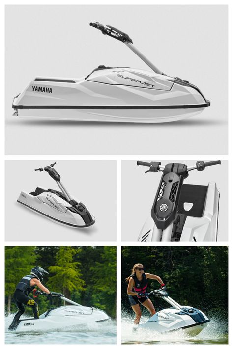 The new generation of Yamaha's stand-up jet ski has arrived celebrating a 30 years evolution that started with WaveRunner. The SuperJet comes with Yamaha's Award-Winning, three-cylinder, four-stroke TR-1 marine engine that delivers exhilarating acceleration that standup riders love. #Supremarine #yamahaboat #yamahaboating #yamahajetboat #yamahajetboats #yamahajetskis #yamahajet #yamahasuperjet #jetskiyamaha Jet Body Board, Kawasaki Jet Ski, Stand Up Jet Ski, Sea Doo Jet Ski, Jet Ski Engine, Wave Boat, Jetski, Yamaha Boats, Sea-doo Spark Trixx Jet Ski