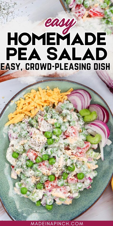 This easy pea salad recipe is a vibrant blend of sweet peas, crunchy veggies, and a creamy dressing. It’s a crowd favorite classic American side dish that’s as colorful as it is delicious! Homemade pea salad is simple, satisfying, and the perfect side dish for any meal. Plus, it's a quintessential recipe for spring and summer with its creamy texture and versatility. This salad is consistently the #1 rated pea salad recipe! Easy Pea Salad, Classic Pea Salad, Salad With Creamy Dressing, Family Meals Kid Friendly, Crunchy Veggies, Pea Salad Recipes, Healthy Kid Friendly Meals, Quick Side Dishes, Creamy Dressing