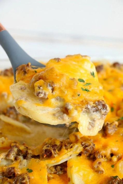 Pioneer Woman Hamburger Potato Casserole - Chefs & Recipes Ground Beef Potato Casserole, Beef Potato Casserole, Cheese Potato Casserole, Scalloped Potato Casserole, Gluten Free Hamburger, Hamburger Potato Casserole, Hamburger And Potatoes, Au Gratin Potatoes, Hamburger Casseroles Recipes