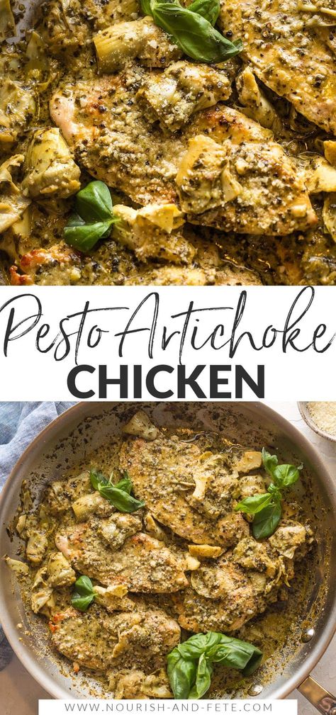 Artichoke Pesto Chicken, Pesto Chicken Dinner Ideas, Oven Pesto Chicken, Balsamic Pesto Chicken, Pesto Artichoke Chicken, Pesto Recipes Dinner, Chicken Artichoke Pasta, Tomato Pesto Chicken, Pesto Cream Sauce