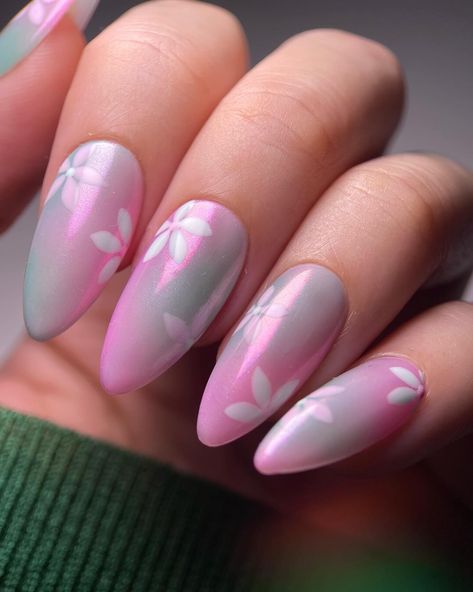 Green & pink flower nails 🌸🌱 #nailart #flowernails #chromenails #auranails Chrome And Flower Nails, Chrome Floral Nails, Pink And Green Nails With Flowers, Green And Pink Flower Nails, Pink Chrome Flower Nails, Crome Nail, Nail Flower, Pink Flower Nails, Flower Nail Designs