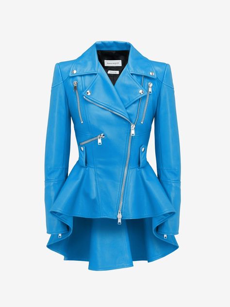 Peplum Leather Jacket in Lapis Blue | Alexander McQueen US Blue Alexander Mcqueen, Peplum Leather Jacket, Barbie Sewing, Leather Peplum, Lapis Blue, City Dress, Peplum Hem, Leather Biker Jacket, Footwear Design Women