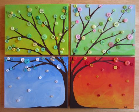 The four seasons in a square! Button Tree Art, Boom Kunst, Button Tree, Easy Canvas, Easy Canvas Painting, Seasons Art, Simple Acrylic Paintings, Button Art, Beginner Painting