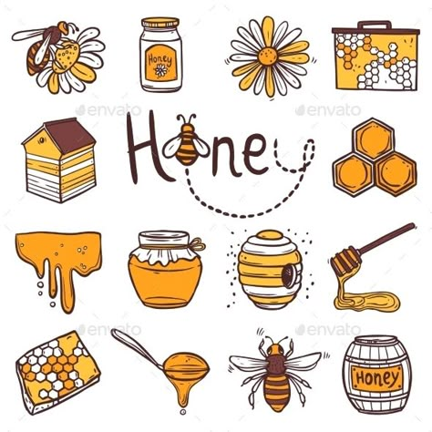 Honey hand drawn decorative icons set with beehive wax cell flying bee isolated vector illustration. Editable EPS and Render in JP Honey Art, Zestaw Ikon, Free Icon Set, Motif Art Deco, Hand Drawn Icons, Bullet Journal Themes, Bullet Journal Writing, Journal Themes, Honey Bees