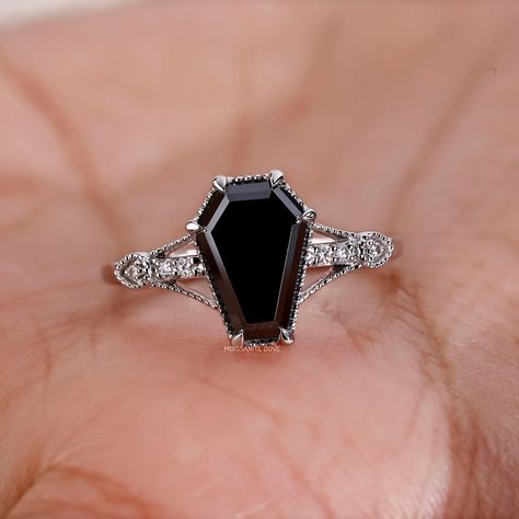 Art Deco Black Coffin cut Moissanite Engagement Ring. Unique Wedding Ring for Her. Antique Moissanite Rings. Promise Ring in Milgrain Design 6 Claw Prong. 1.70ct Coffin Black Moissanite Ring is a masterpiece of vintage charm and modern elegance. This exquisite black wedding ring is designed with a captivating art deco coffin shape. Ideal as the best anniversary ring for her. The milgrain design adds a touch of old-world charm, while the side colorless small round moissanite sparkles with timeles Gothic Promise Rings For Her, Coffin Shaped Wedding Ring, Coffin Ring Engagement, Gothic Rings Engagement, Coffin Wedding Ring, Coffin Engagement Ring, Goth Engagement Rings, Stone Wedding Rings, Dark Wedding Theme