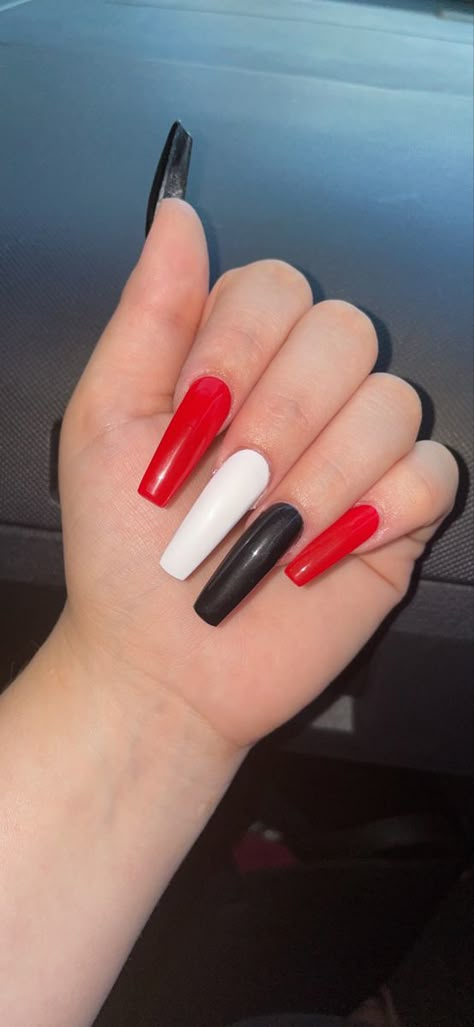 Red And White Matte Nails, Red Black And White Nails Simple, Red Black And White Long Acrylic Nails, Red White And Black Nails Acrylic, Black And Red And White Nails, Red And White And Black Nails, Nails Red Black White, White Red And Black Nails, Red And Black Nails Simple