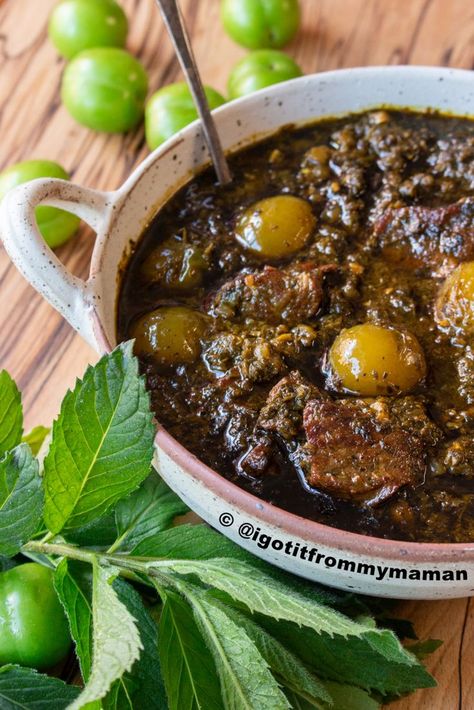 Khoresh-e Goje Sabz - Persian Green Plum and Herb Stew Green Plum Recipes, Persian Stew, Food Iranian, Green Plums, Persian Food Iranian Cuisine, Iranian Recipes, The Stew, Cultural Food, Iranian Cuisine