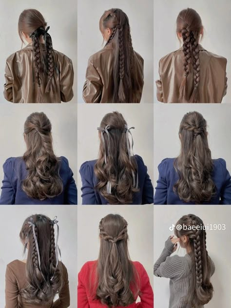 Hairstyle For Long Brown Hair, Korean Hairstyle Aesthetic, Braid Styles For Straight Hair, Hairstyle For T Shirt, Braid Like Hairstyles, Hairstyles For Different Outfits, Cute Hair For Long Hair, Fancy Hairstyles Prom, Hairstyles For Shirts