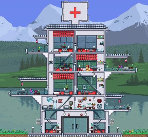 Terraria > Clearview Center & Clinic > building design ideas > hospital > nurse NPC | LadyAmalthea Terraria Nurse House, Terraria Npc Housing, Terraria Hospital, Npc House Terraria, Terraria Builds Ideas, Terraria Npc House Ideas, Terraria Base Ideas, Terraria Builds, Terraria Tips