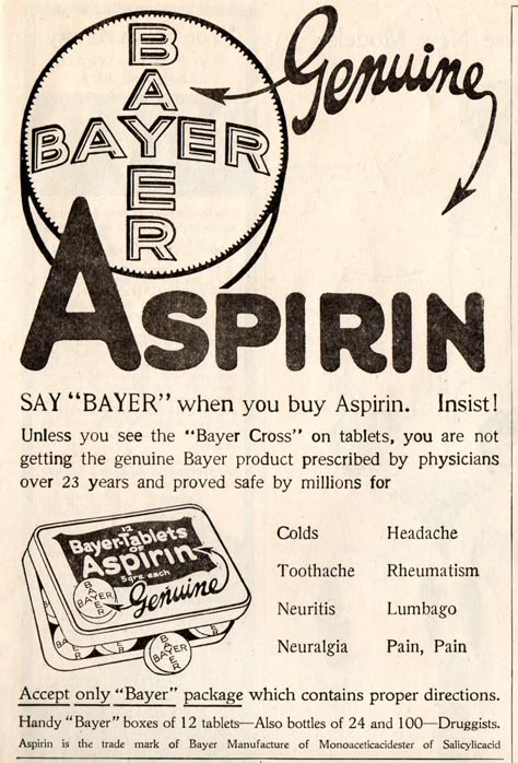 Bayer Aspirin Old Advertisements, Vintage Medical, Retro Ads, Old Ads, Vintage Typography, Vintage Advertisement, Printable Labels, Tv Commercials, Vintage Ephemera