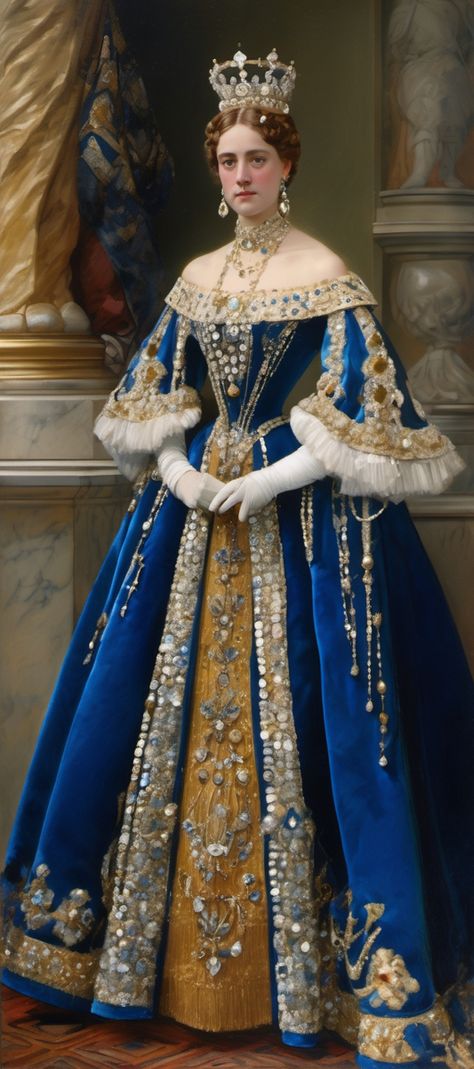 1500 Royal Dresses, European Royalty Fashion, Royalty Aesthetic Gold, Historical Dresses Victorian Ball Gowns, Russian Royalty Fashion, Queen Coronation Dress, Nobility Aesthetic, Queen Dress Royal Medieval, Empress Outfit