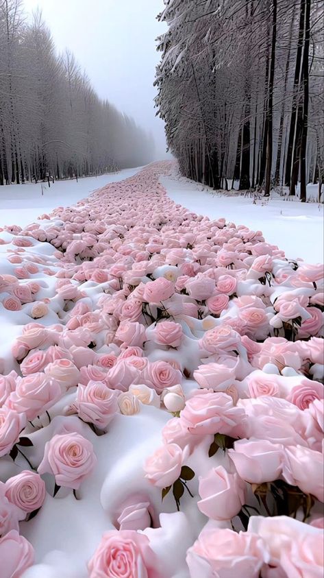 Roses In Snow Wallpaper, Pink Roses In Snow, Christmas Flower Background, Christmas Flowers Aesthetic, Soft Pink Theme Aesthetic, Pink Landscape Aesthetic, Pink Snow Aesthetic, Aesthetic Pink Christmas Wallpaper, Pink Aesthetic Widget Pictures